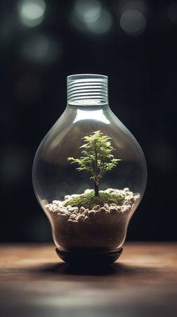 Small tree growing in a light bulb on a wooden table with bokeh backgroundの素材