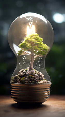 Incandescent light bulb with tree growing inside, environmental concept.の素材