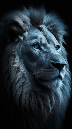 Portrait of a male lion with blue eyes on a black backgroundの素材