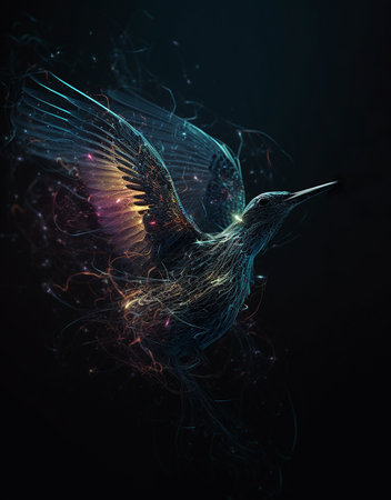 Flying bird with glowing wings on dark background. 3D illustration.の素材