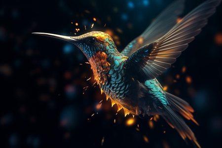 Hummingbird flying in the night sky. 3D illustration.の素材