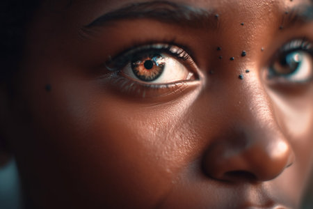 Close up portrait of a beautiful african american woman with blue eyesの素材