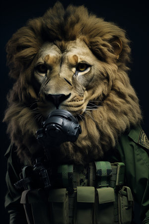 Portrait of a male lion in a military uniform. Studio shot.の素材