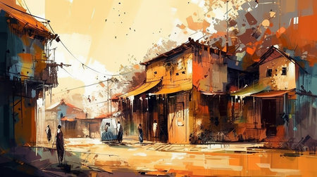 Digital painting of a street in the old town of Hoi An, Vietnamの素材