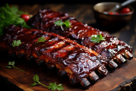 grilled barbecue ribs with parsley on a dark wooden background.の素材