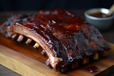 Barbecued pork ribs with sauce on a wooden cutting board.の素材