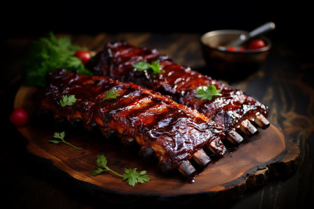 grilled barbecue ribs on a wooden board on a dark background.の素材
