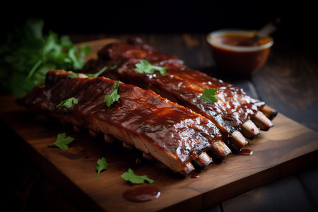 Roasted pork ribs with sauce and coriander on wooden boardの素材