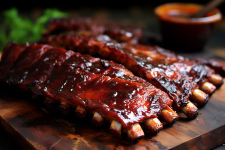 Barbecued pork ribs with barbecue sauce on cutting board, closeupの素材