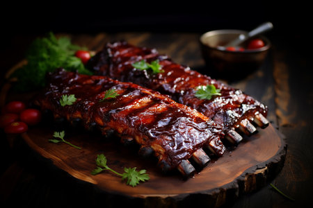 Barbecued ribs on a wooden board. Dark rustic style.の素材