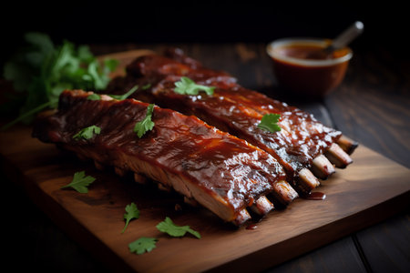 Roasted pork ribs with sauce and coriander on wooden boardの素材
