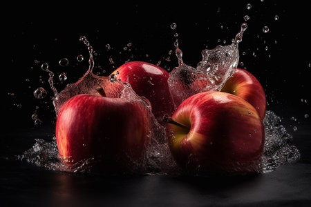 Fresh red apples with water splash on black background. Healthy food concept.の素材