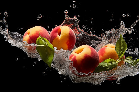Fresh ripe apricots in water splash, isolated on black backgroundの素材