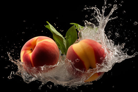 Fresh ripe peaches in water splash, isolated on black background.の素材