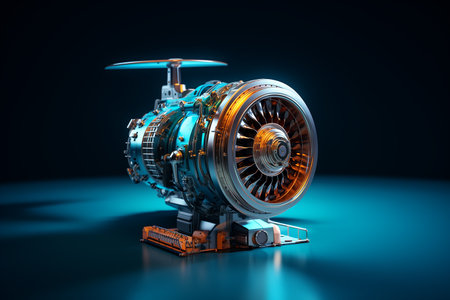3d rendering of a jet engine on dark background with blue lightの素材