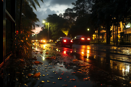 Rain drops on the road in the city at night. Selective focus.の素材