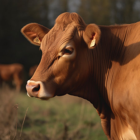 Portrait of a brown cow on a meadow in the sunの素材