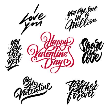 Set of lettering for Valentine's Day celebration. Handwritten fonts on a white background. Lettering for cards. Vector illustrationのイラスト素材