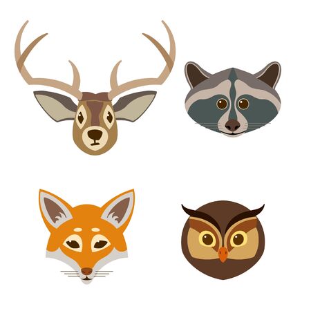Set of muzzles of forest animals. In cartoon style. Vector color illustration.