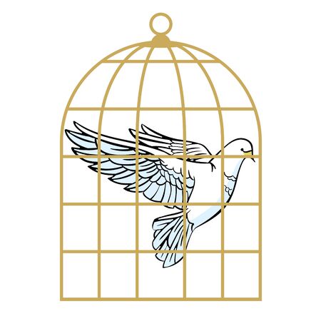 White dove in a cage. Symbol of lack of freedom. Vector illustration.のイラスト素材