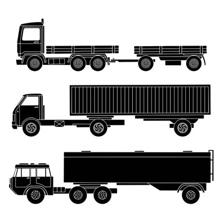 Trucks with trailers, black detailed silhouettes on a white background.のイラスト素材