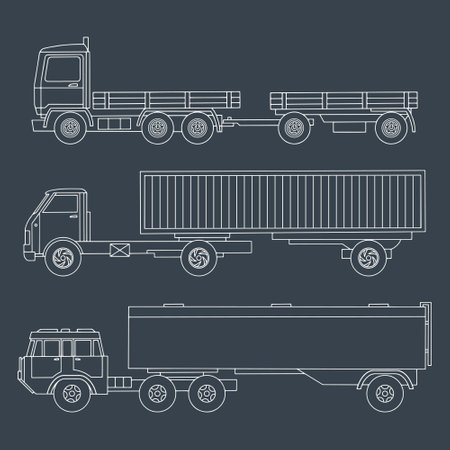 Set of drawn trucks with a trailer side view. Linear drawing with detailed details.のイラスト素材