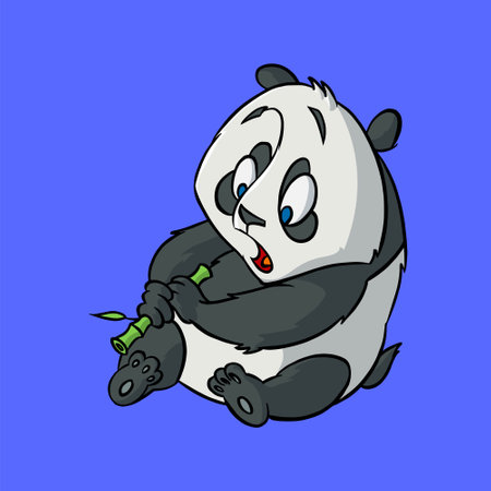 Colored cartoon drawing of a panda. The bear sits and looks at the bamboo.のイラスト素材