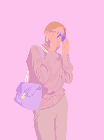 Girl in fashionable clothes on a pink background. Pop art style.のイラスト素材
