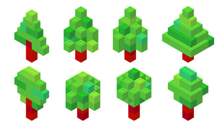 Set of trees in isometric view collected from plastic bricks. Coniferous and deciduous. Christmas tree.のイラスト素材