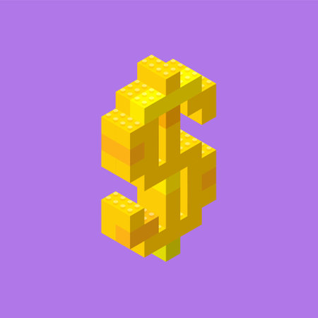 Yellow dollar sign assembled from plastic blocks in isometric view. Pop art styleのイラスト素材