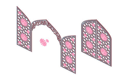 Gate with traditional Islamic ornament in isometric view. Decorative wooden arch.のイラスト素材