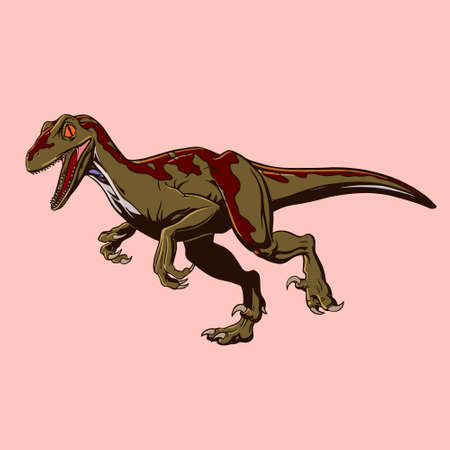 Colored dinosaur Raptor drawn in cartoon style. Attacking predator in pop art style. Vector clipartのイラスト素材
