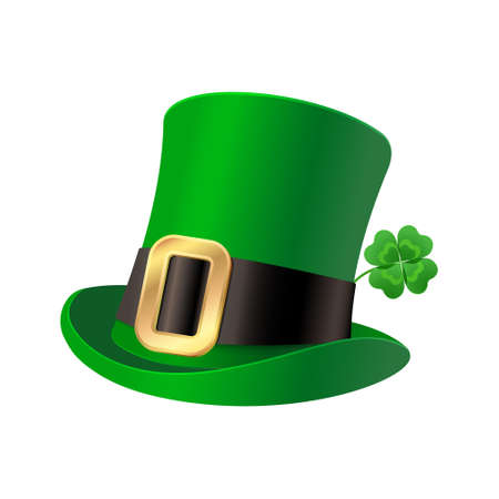 St. Patricks hat with clover, isolated on white. Leprechaun hat. Vector Clipartのイラスト素材