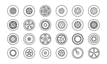 Set of outline icons of car wheels. Isolated over white background. Vector illustrationのイラスト素材