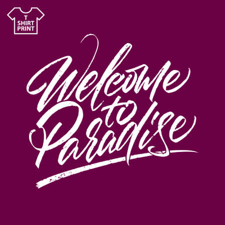 Brush lettering Welcome to paradise isolated on dark background, printable template. Vector illustration.のイラスト素材