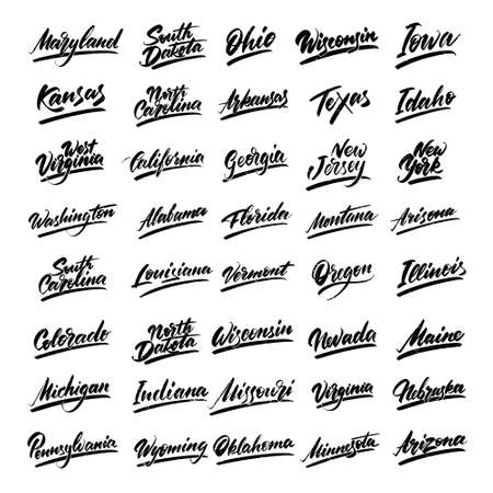 Set of lettering names of the states of America. Handwritten English font. Vector illustration.のイラスト素材
