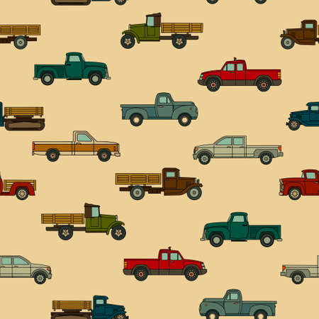 Seamless pattern of various drawn models of American cars for print, textile, web. Vector illustration.のイラスト素材
