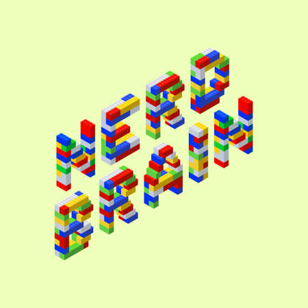 Phrase brain of a wise man in isometric style consists of colored plastic bricks on a yellow background. Vector illustration.のイラスト素材