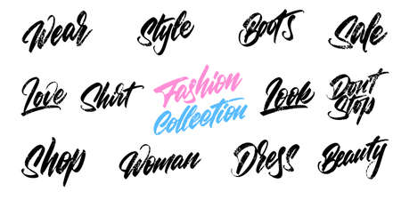 Set of fashion words in lettering style for print and design. Vector clipart.のイラスト素材