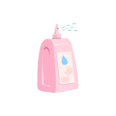 Drawing of cartoon pink sanitizer for printing. Vector illustration.のイラスト素材
