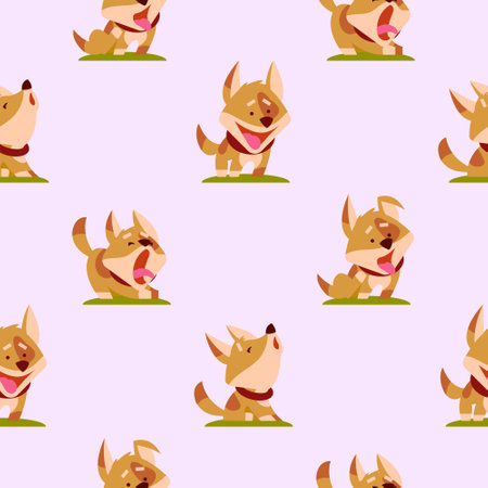 Pattern with funny dogs on a light pink background. Vector illustration.のイラスト素材