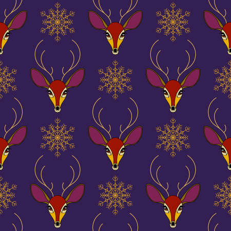 Pattern with the image of a deer and snowflakes in a cartoon style. Vector clipart.のイラスト素材
