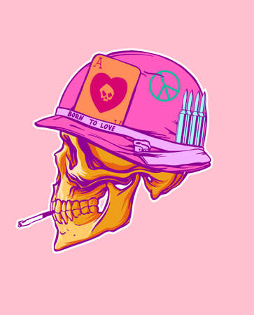 A hand-drawn skull wearing an American soldiers helmet. Born to love. Vector illustration.のイラスト素材