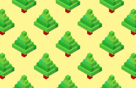 Isometric Christmas fir trees on a yellow background from colored plastic blocks. The children s designer. Vector illustration.のイラスト素材