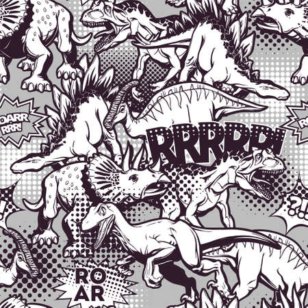 Comic pop art dinosaur pattern for print and decoration. Vector illustration.のイラスト素材