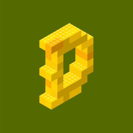 Dogecoin icon assembled from yellow plastic blocks on a green background in isometric style. For website design. Vector clipart.のイラスト素材