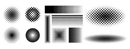 Set of halftone dots of rectangular, oval, round, square shape isolated on white background. For Pop Art. Previous illustration.のイラスト素材