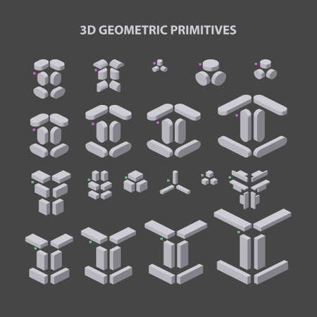 Set of 3d geometric primitive shapes for combination in construction. Vector illustration.のイラスト素材
