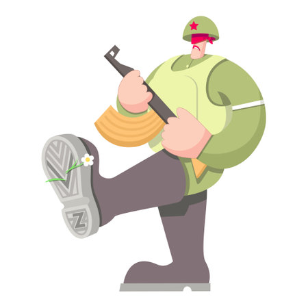 Aggressive walking soldier with a blindfold and a machine gun in his hands. For print and design. Vector illustration.のイラスト素材