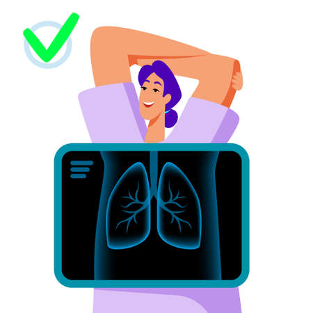 Smiling female patient at x-ray machine in flat style. Vector illustration.のイラスト素材
